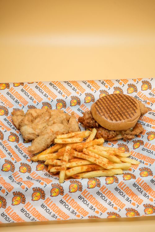 3 Chicken Strips and Burger with Chips Served at Big Mouth Takeaway Coatbridge