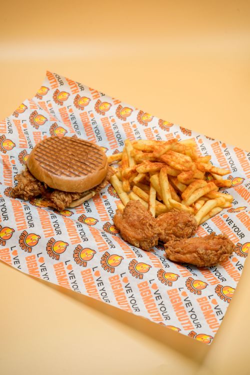 3 Chicken Strips and Burger with Chips Served at Big Mouth Takeaway Coatbridge